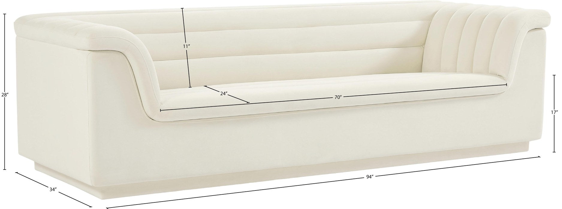 Meridian Furniture - Cascade 94" Cream Velvet Upholstered Sofa - 192Cream-S - GreatFurnitureDeal
