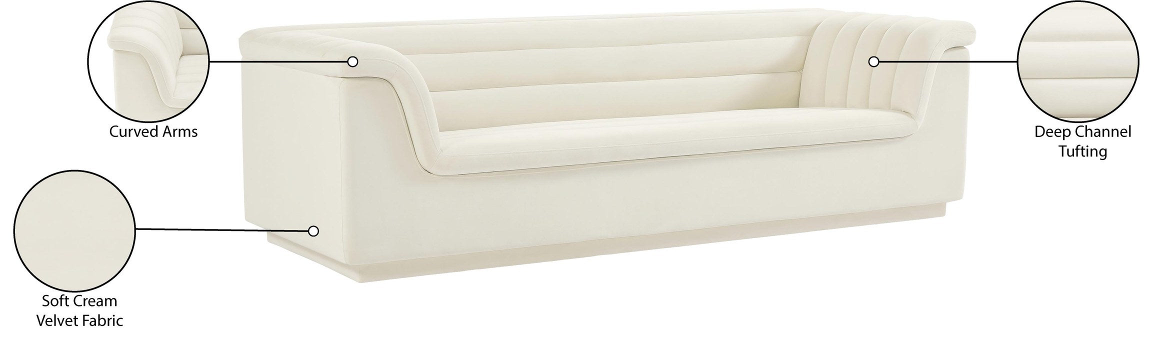 Meridian Furniture - Cascade 94" Cream Velvet Upholstered Sofa - 192Cream-S - GreatFurnitureDeal