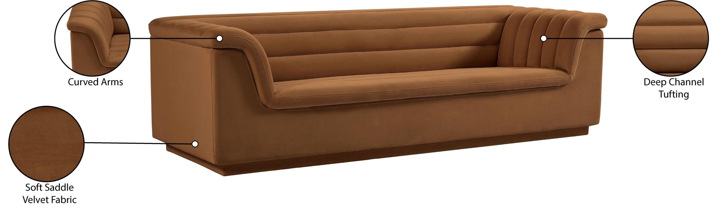 Meridian Furniture - Cascade 94" Saddle Velvet Upholstered Sofa - 192Saddle-S - GreatFurnitureDeal