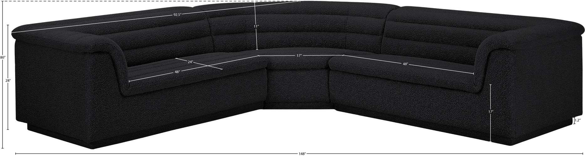 Meridian Furniture - Cascade 148" Black Boucle Fabric Upholstered 3pc. Sectional - 193Black-Sectional - GreatFurnitureDeal