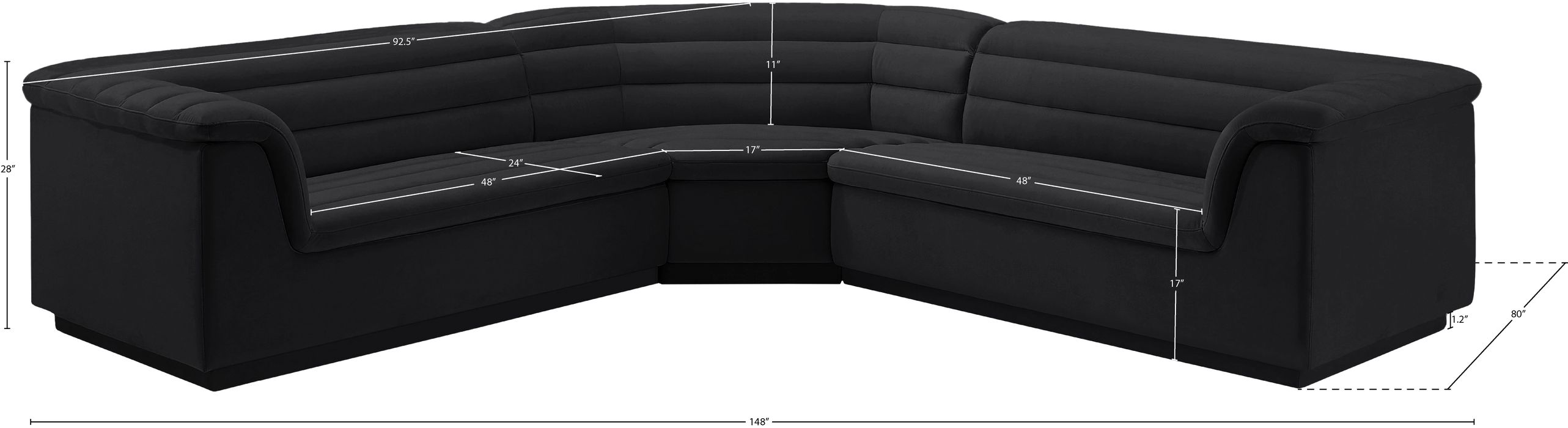 Meridian Furniture - Cascade 148" Black Velvet Upholstered 3pc. Sectional - 194Black-Sectional - GreatFurnitureDeal