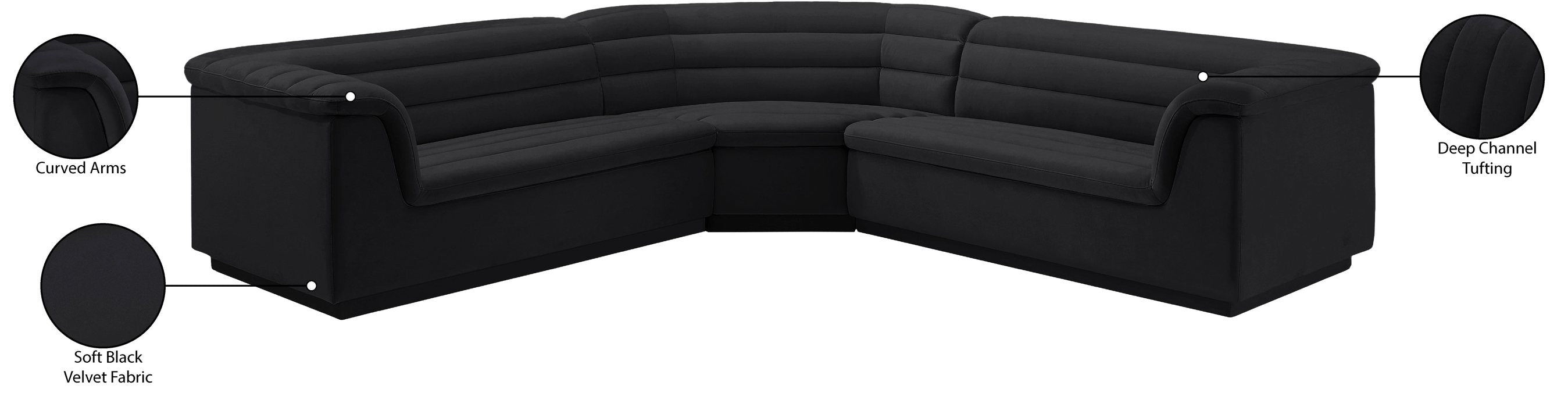 Meridian Furniture - Cascade 148" Black Velvet Upholstered 3pc. Sectional - 194Black-Sectional - GreatFurnitureDeal