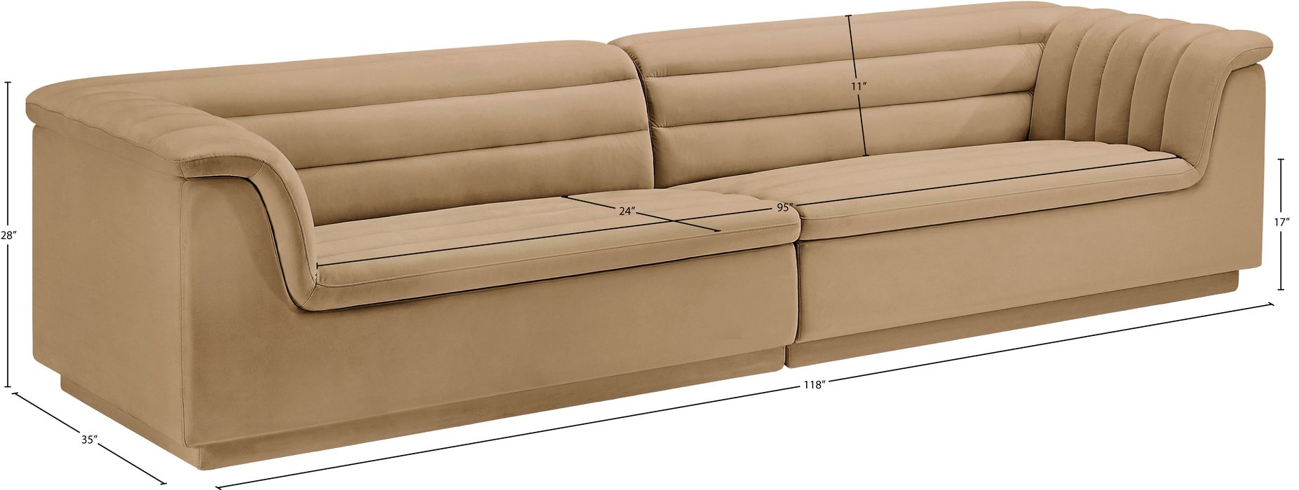 Meridian Furniture - Cascade 118" Camel Velvet Upholstered Sofa - 194Camel-S119 - GreatFurnitureDeal