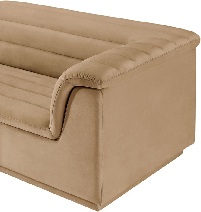 Meridian Furniture - Cascade 118" Camel Velvet Upholstered Sofa - 194Camel-S119 - GreatFurnitureDeal