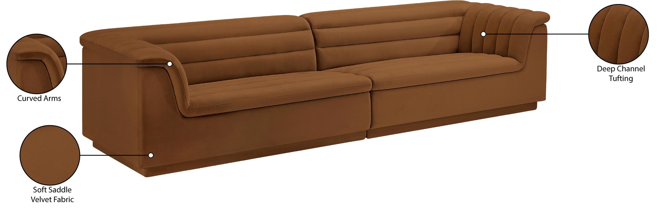 Meridian Furniture - Cascade 118" Saddle Velvet Upholstered Sofa - 194Saddle-S119 - GreatFurnitureDeal