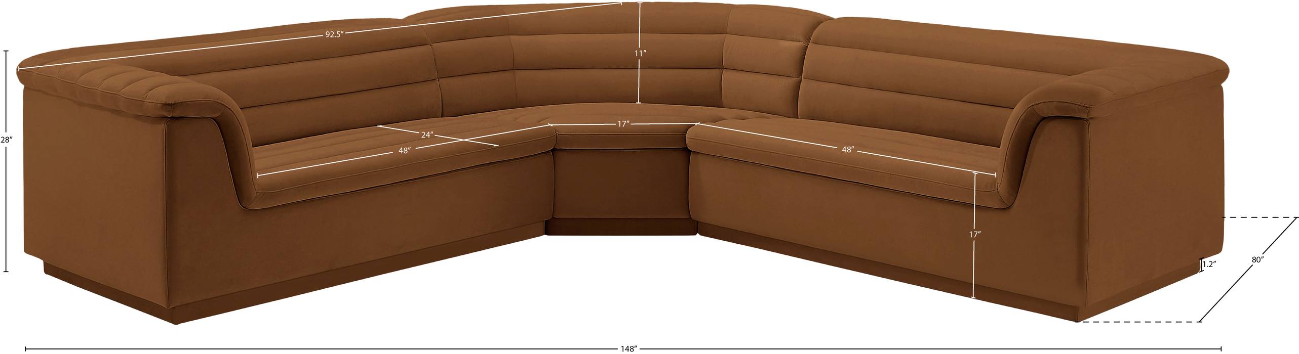 Meridian Furniture - Cascade 148" Saddle Velvet Upholstered 3pc. Sectional - 194Saddle-Sectional - GreatFurnitureDeal