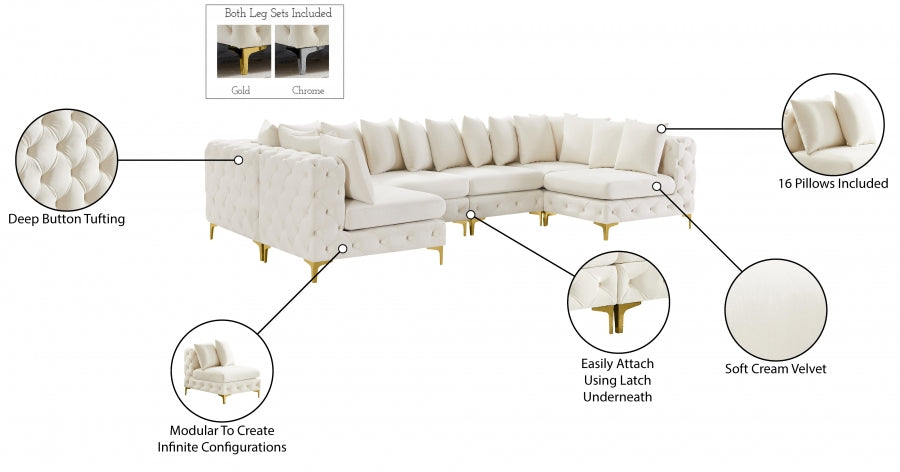 Meridian Furniture - Tremblay 139" Velvet Upholstered 6 Piece Modular Sectional - 686Cream-Sec6B - GreatFurnitureDeal