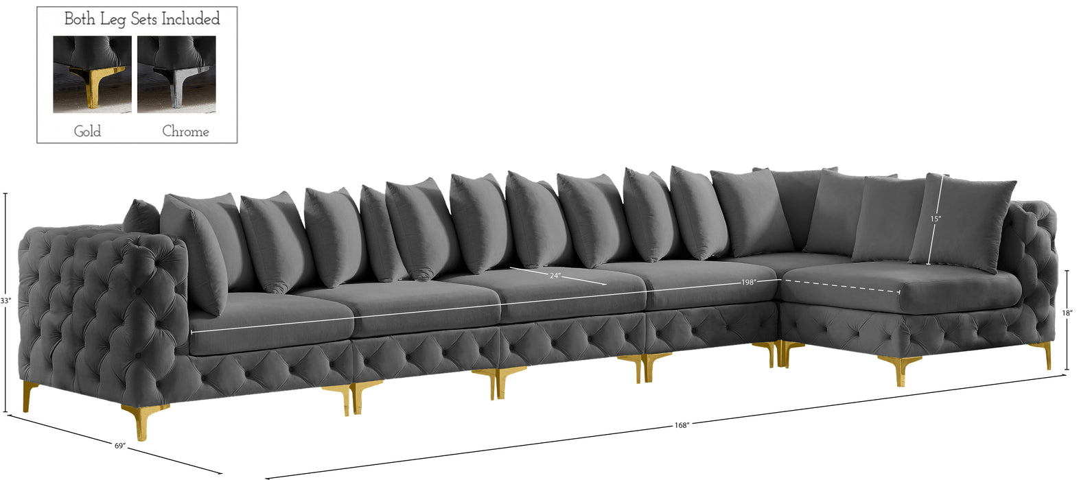 Meridian Furniture - Tremblay 169" Vegan Leather Upholstered 7 Piece Modular Sectional - 686Grey-Sec6C - GreatFurnitureDeal