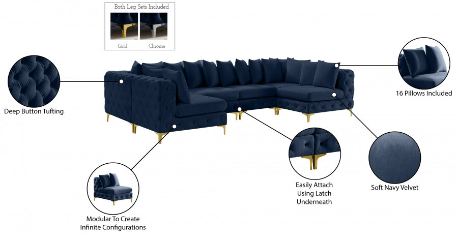 Meridian Furniture - Tremblay 139" Velvet Upholstered 6 Piece Modular Sectional - 686Navy-Sec6B - GreatFurnitureDeal