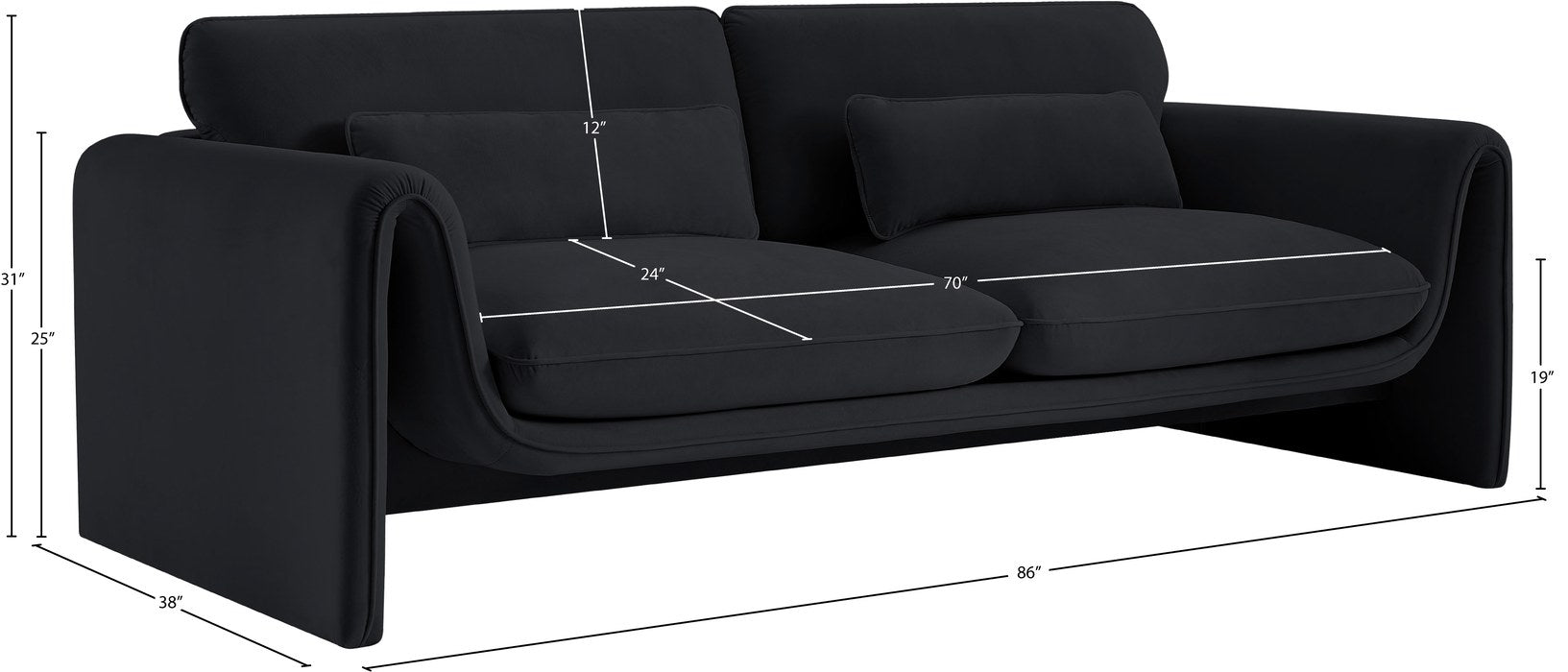Meridian Furniture - Sloan 86" Black Velvet Upholstered Sofa - 199Black-S - GreatFurnitureDeal