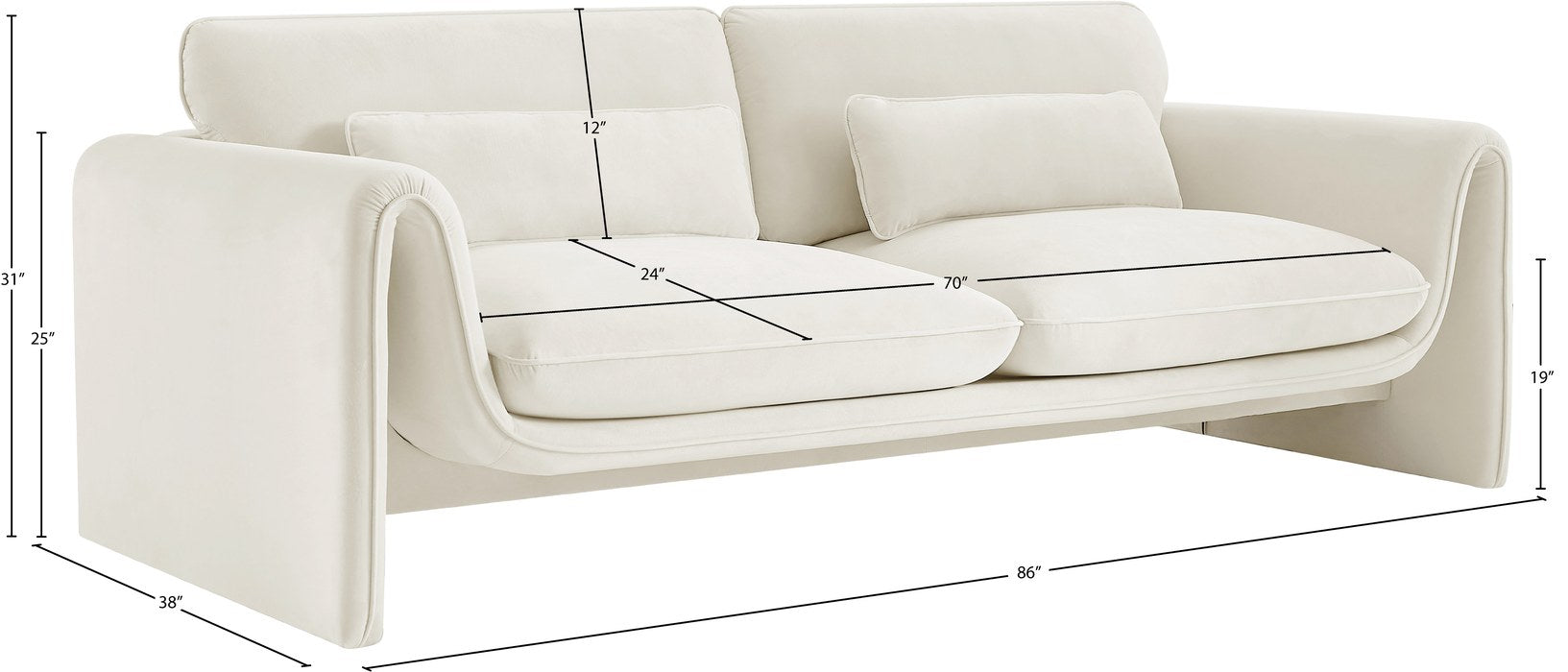 Meridian Furniture - Sloan 86" Cream Velvet Upholstered Sofa - 199Cream-S - GreatFurnitureDeal