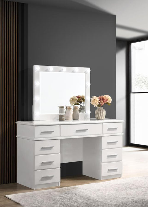 Coaster Furniture - Felicity 9-Drawer Vanity Table Lighted Mirror in White High Gloss - 203507 - GreatFurnitureDeal