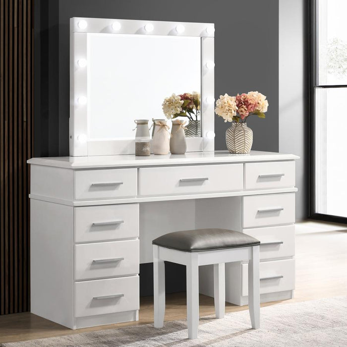 Coaster Furniture - Felicity 9-Drawer Vanity Table Lighted Mirror in White High Gloss - 203507 - GreatFurnitureDeal
