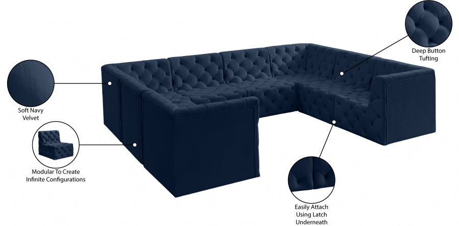 Meridian Furniture - Tuft 128" Velvet Upholstered 8 Piece Modular Sectional - 680Navy-Sec8A - GreatFurnitureDeal