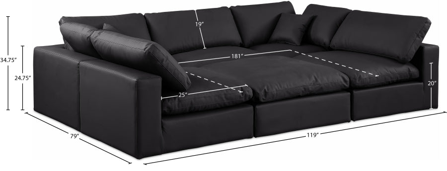 Meridian Furniture - Comfy 119" Vegan Leather Upholstered 6 Piece Modular Sectional - 188Black-Sec6C - GreatFurnitureDeal