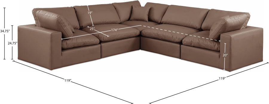 Meridian Furniture - Comfy 119" Vegan Leather Upholstered 5 Piece Modular Sectional - 188Brown-Sec5C - GreatFurnitureDeal