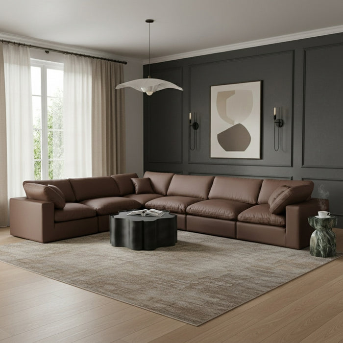 Meridian Furniture - Comfy 158" Vegan Leather Upholstered 6 Piece Modular Sectional - 188Brown-Sec6A - GreatFurnitureDeal