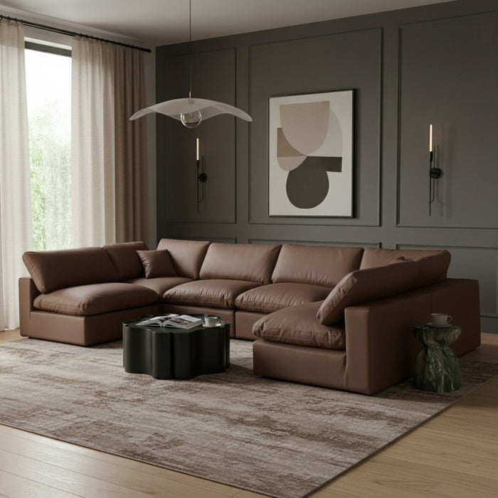 Meridian Furniture - Comfy 158" Vegan Leather Upholstered 6 Piece Modular Sectional - 188Brown-Sec6D - GreatFurnitureDeal
