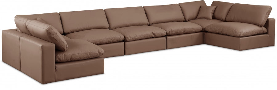 Meridian Furniture - Comfy 197" Vegan Leather Upholstered 7 Piece Modular Sectional - 188Brown-Sec7B - GreatFurnitureDeal
