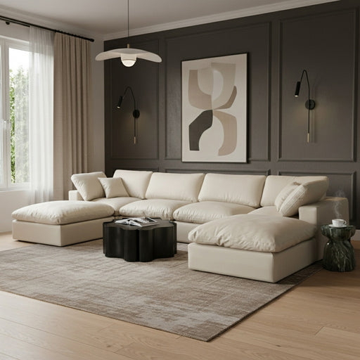 Meridian Furniture - Comfy 158" Vegan Leather Upholstered 6 Piece Modular Sectional - 188Cream-Sec6B - GreatFurnitureDeal