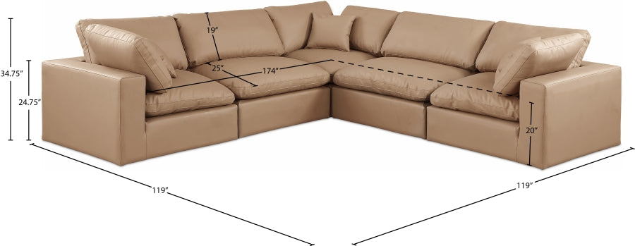 Meridian Furniture - Comfy 119" Vegan Leather Upholstered 5 Piece Modular Sectional - 188Tan-Sec5C - GreatFurnitureDeal