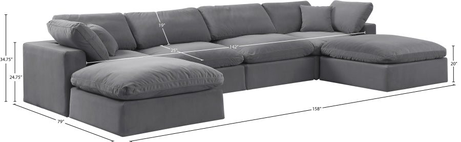 Meridian Furniture - Comfy 158" Velvet Upholstered 6 Piece Modular Sectional - 189Grey-Sec6B - GreatFurnitureDeal