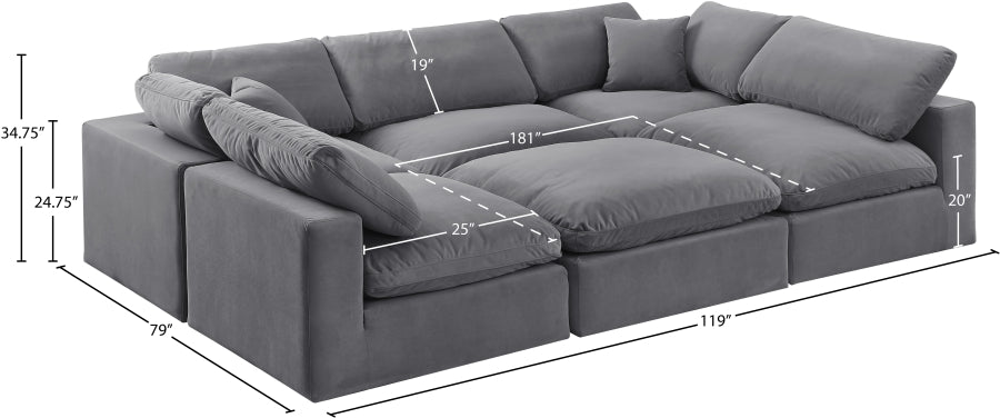 Meridian Furniture - Comfy 119" Velvet Upholstered 6 Piece Modular Sectional - 189Grey-Sec6C - GreatFurnitureDeal