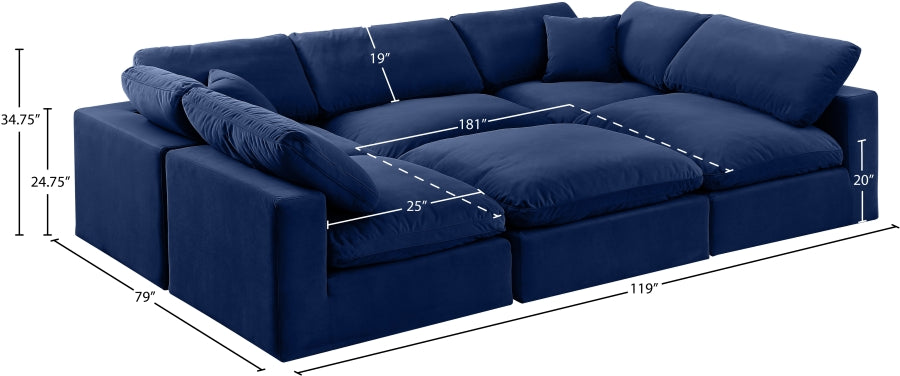 Meridian Furniture - Comfy 119" Velvet Upholstered 6 Piece Modular Sectional - 189Navy-Sec6C - GreatFurnitureDeal