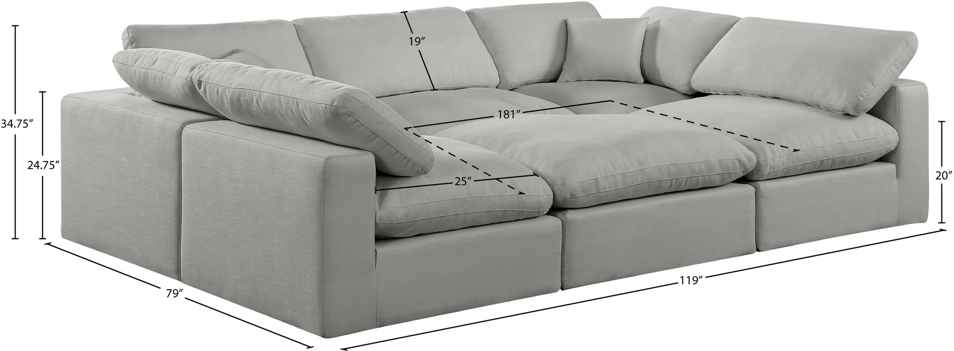 Meridian Furniture - Comfy 119" Linen Textured Fabric Upholstered 6 Piece Modular Sectional - 187Grey-Sec6C - GreatFurnitureDeal