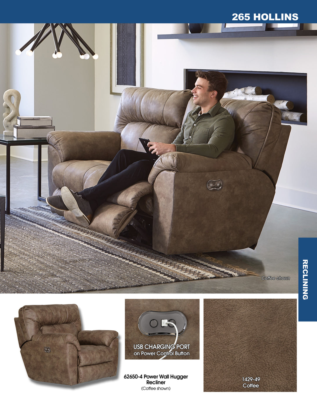 Catnapper Hollins Power Reclining Loveseat in Coffee 62652COFFEE