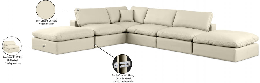 Meridian Furniture - Comfy 157" Vegan Leather Upholstered 6 Piece Modular Sectional - 188Cream-Sec6E - GreatFurnitureDeal