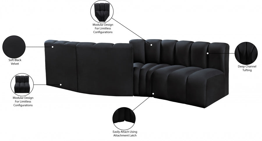 Meridian Furniture - Arc Velvet 4 Piece Sectional in Black - 103Black-S4A - GreatFurnitureDeal