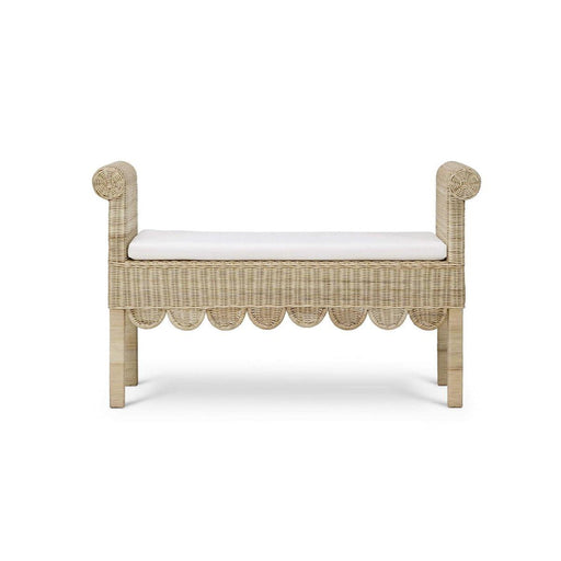 Bramble - Newport Scalloped Bench in Rattan Natural w/ Arctic White Performance Fabric - 28447RNATSF204---- - GreatFurnitureDeal