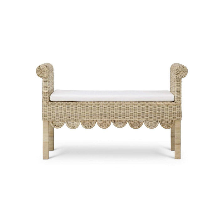 Bramble - Newport Scalloped Bench in Rattan Natural w/ Arctic White Performance Fabric - 28447RNATSF204---- - GreatFurnitureDeal