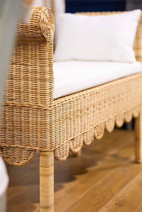 Bramble - Newport Scalloped Bench in Rattan Natural w/ Arctic White Performance Fabric - 28447RNATSF204---- - GreatFurnitureDeal