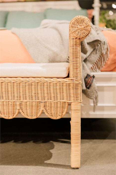 Bramble - Newport Scalloped Bench in Rattan Natural w/ Arctic White Performance Fabric - 28447RNATSF204---- - GreatFurnitureDeal