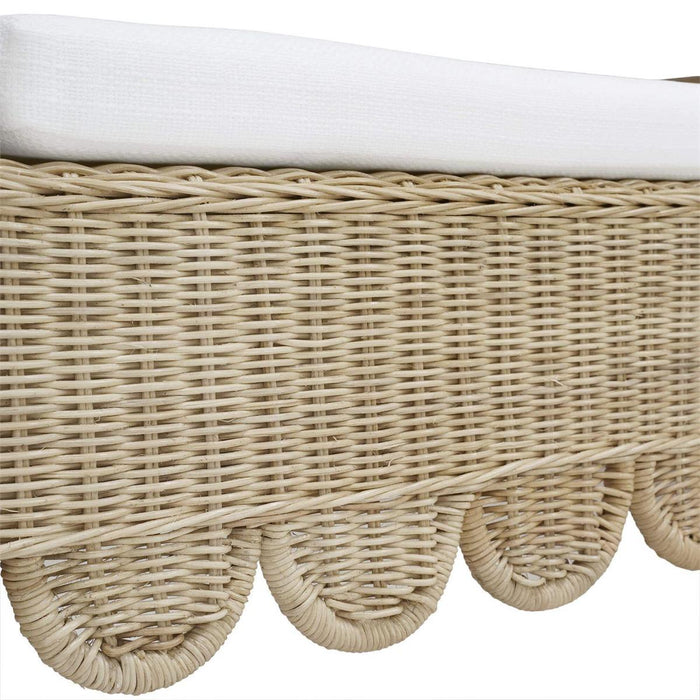 Bramble - Newport Scalloped Bench in Rattan Natural w/ Arctic White Performance Fabric - 28447RNATSF204---- - GreatFurnitureDeal