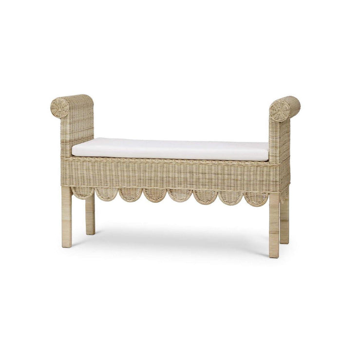 Bramble - Newport Scalloped Bench in Rattan Natural w/ Arctic White Performance Fabric - 28447RNATSF204---- - GreatFurnitureDeal