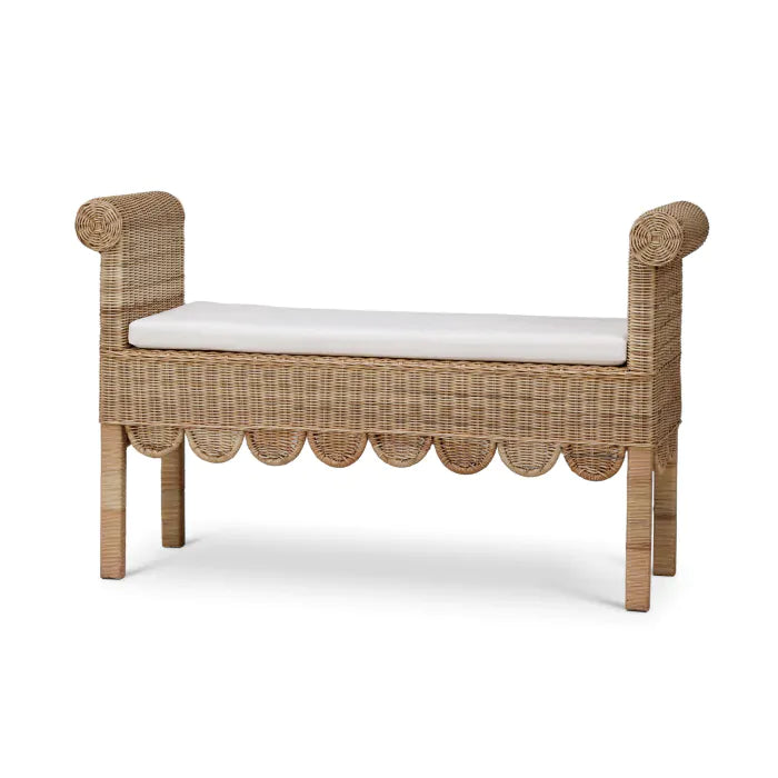 Bramble - Newport Scalloped Bench in Rattan Natural w/ Arctic White Performance Fabric - 28447RNATSF204---- - GreatFurnitureDeal