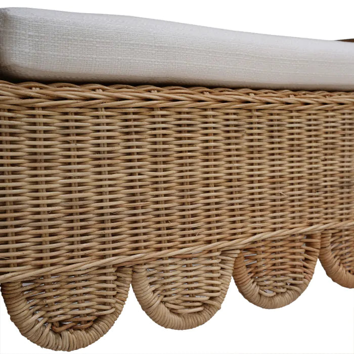 Bramble - Newport Scalloped Bench in Rattan Natural w/ Arctic White Performance Fabric - 28447RNATSF204---- - GreatFurnitureDeal