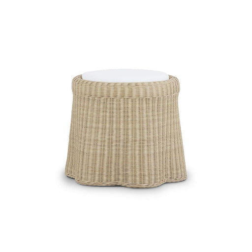 Bramble - Newport in Rattan Natural Round Small Ottoman w/ w/ Arctic White Performance Fabric - 28456RNATSF204---- - GreatFurnitureDeal