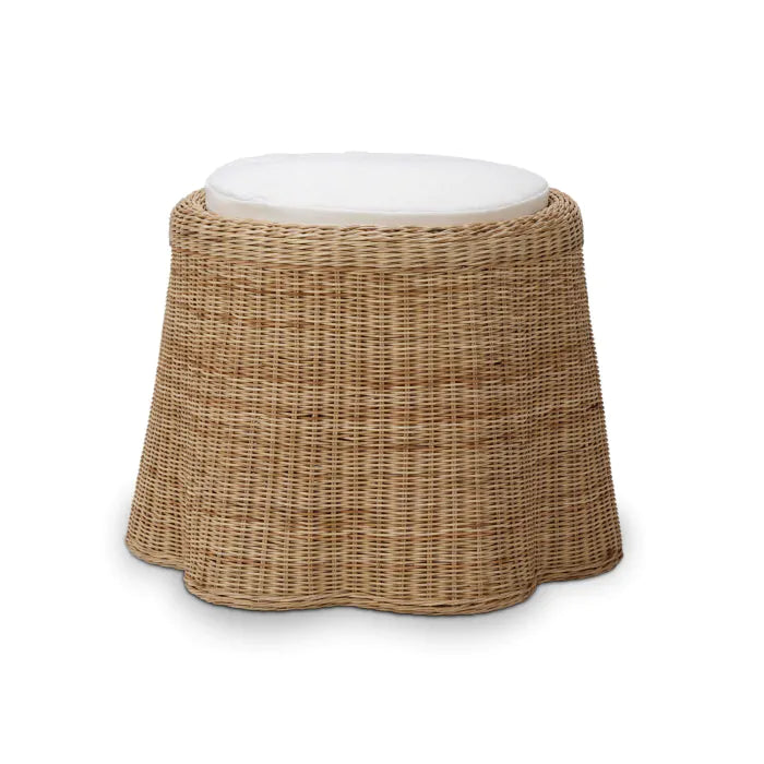 Bramble - Newport in Rattan Natural Round Small Ottoman w/ w/ Arctic White Performance Fabric - 28456RNATSF204---- - GreatFurnitureDeal