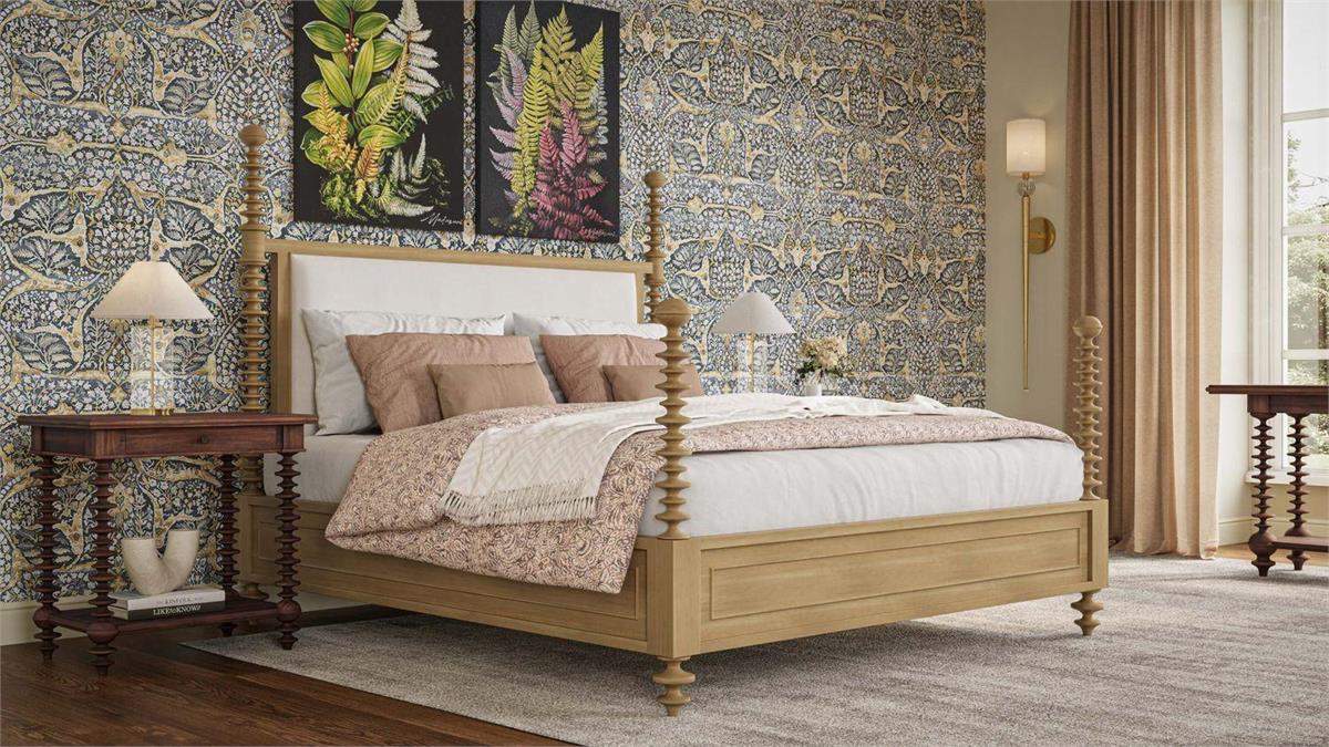 Bramble - Milano Upholstered King Bed in Fruitwood w/ Arctic White Performance Fabric (* adjustable posters) - 29176FRWSF204----