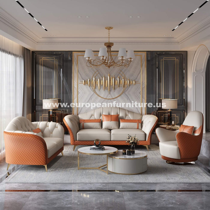 European Furniture - Amalia 3 Piece Sofa Set Off White-Orange Italian Leather - EF-28040