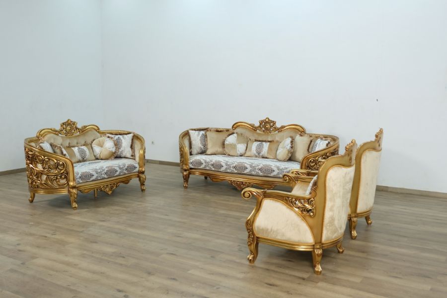 European Furniture - Bellagio 3 Piece Living Room Set in Bronze off White-Gold - 30014-3SET - GreatFurnitureDeal