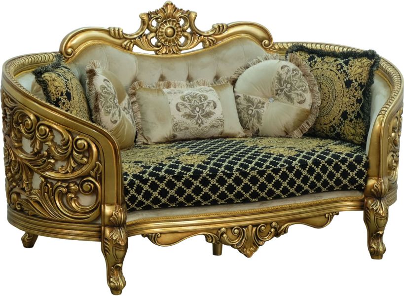 European Furniture - Bellagio Luxury Loveseat - Antique Bronze Black - Gold Fabric - 30018-L - GreatFurnitureDeal