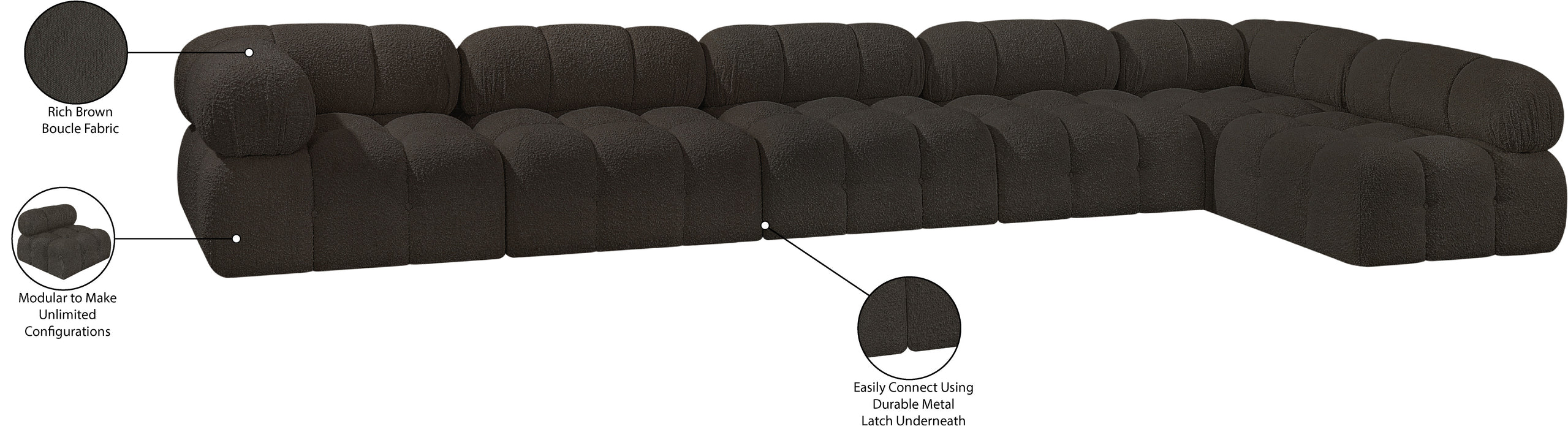 Meridian Furniture - Ames 170" Boucle Fabric Upholstered 6 Piece Modular Sectional - 611Brown-Sec6E - GreatFurnitureDeal