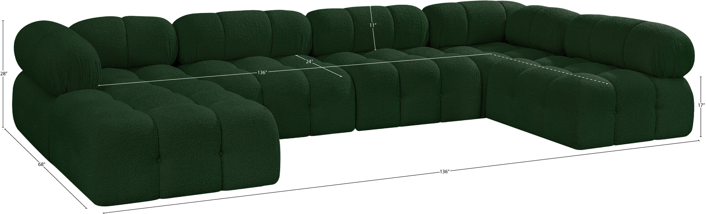 Meridian Furniture - Ames 136" Boucle Fabric Upholstered 6 Piece Modular Sectional - 611Green-Sec6A - GreatFurnitureDeal
