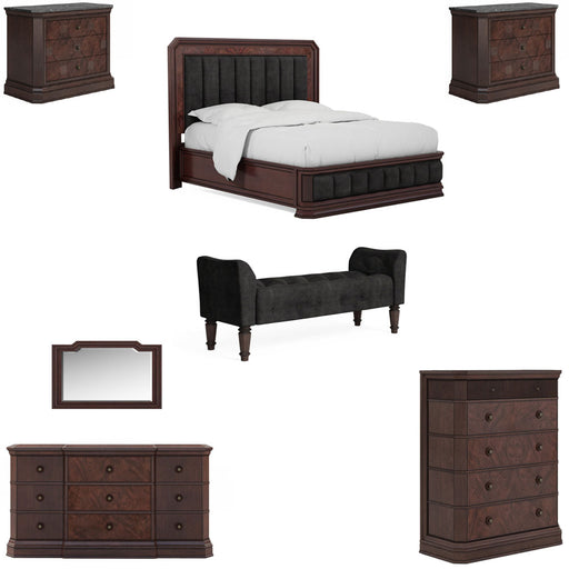 ART Furniture - Revival 7 Piece Queen Upholstered Bedroom Set in Napa Mahogany - 328125-158-1730-7SET - GreatFurnitureDeal