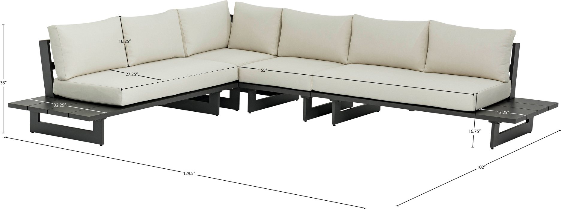 Meridian Furniture - Maldives 129.5" Cream Water Resistant Fabric Upholstered 4pc. Outdoor Patio Sectional - 338Cream-Sec1A - GreatFurnitureDeal